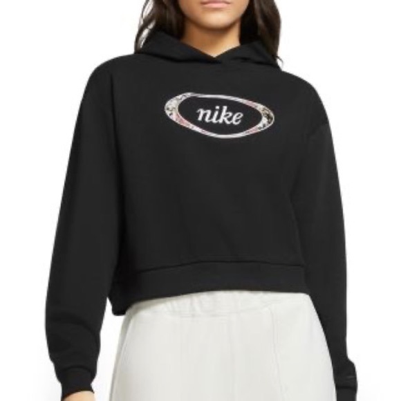 Nike Black Floral Print Crop Pullover Hoodie Size small Long Sleeve DJ1084-010 - Picture 11 of 11